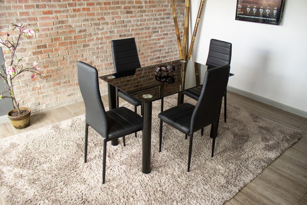 Comedor Mesa Cristal y 4 Sillas Polipiel Negro