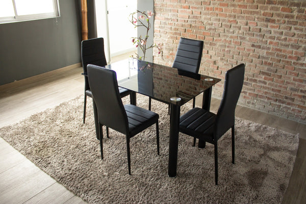 Comedor Mesa Cristal y 4 Sillas Polipiel Negro