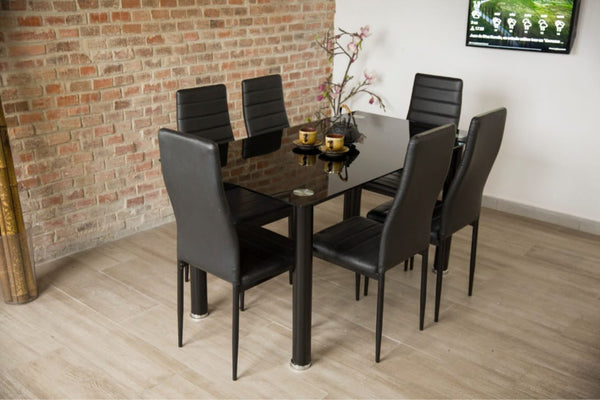 Comedor Mesa Cristal y 4 Sillas Polipiel Negro