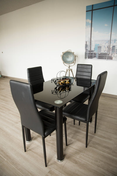 Comedor Mesa Cristal y 4 Sillas Polipiel Negro